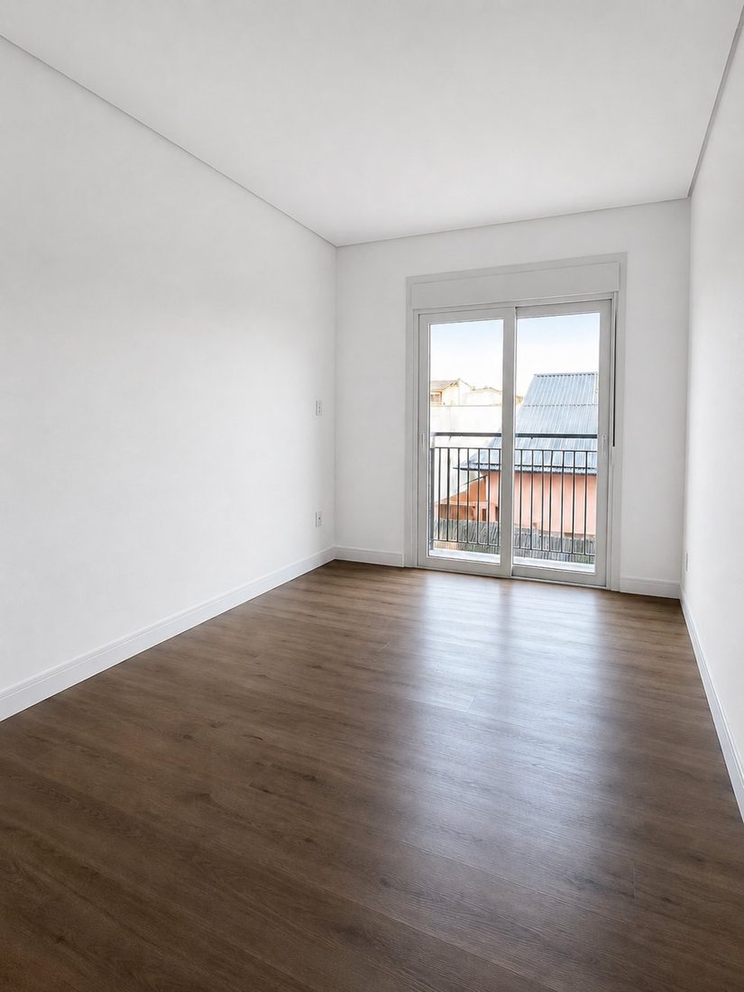 Antes: dormitório vazio com piso de madeira e porta de sacada